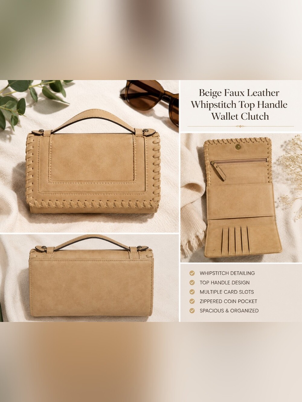 Beige Faux Leather Whipstitch Top Handle Wallet Clutch